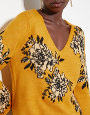 Jess V-Neck Floral Jacquard Jumper, Yellow (OCHRE), large
