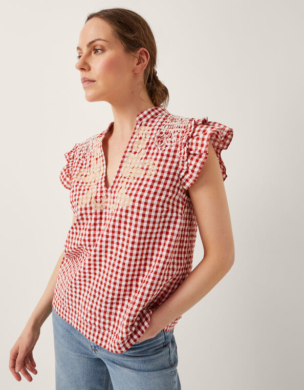 Greta Embroidered Gingham Top, Red (RED), large