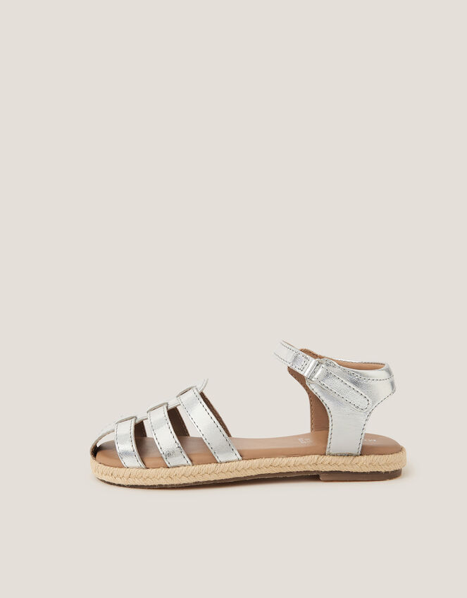 Metallic Leather Fisherman Sandals, Silver (SILVER), large