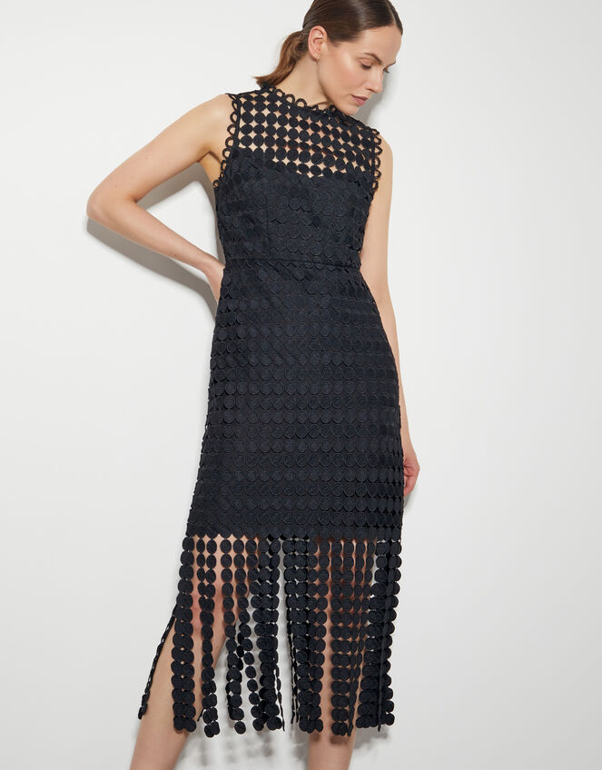 Dixie Embroidered Overlay Tassel Dress, Black (BLACK), large