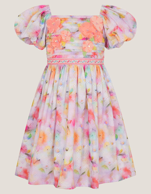 Floral Broderie Puff Sleeve Party Dress, Multi (MULTI), large