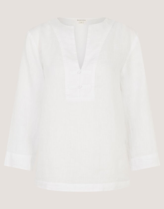 Alexis Knot Button Linen Top, White (WHITE), large