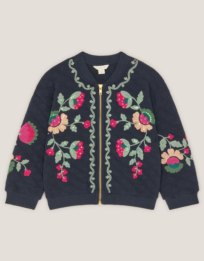 Floral Embroidered Quilted Bomber Jacket, Blue (NAVY), large