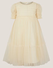 Natalie Puff Sleeve Shimmer Tulle Dress, Gold (GOLD), large