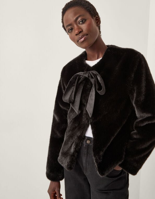 Farah Bow Faux Fur Jacket, Black (BLACK), large