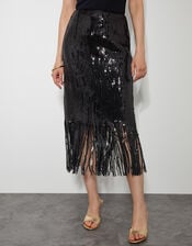 Shay Sequin Tassel Pencil Skirt, Black (BLACK), large