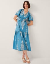 Noa Short Sleeve Embroidered Midi Dress, Blue (BLUE), large