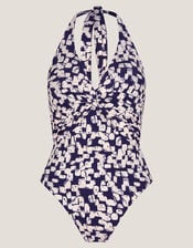 Alwena Abstract Print Halter Swimsuit, Black (BLACK), large