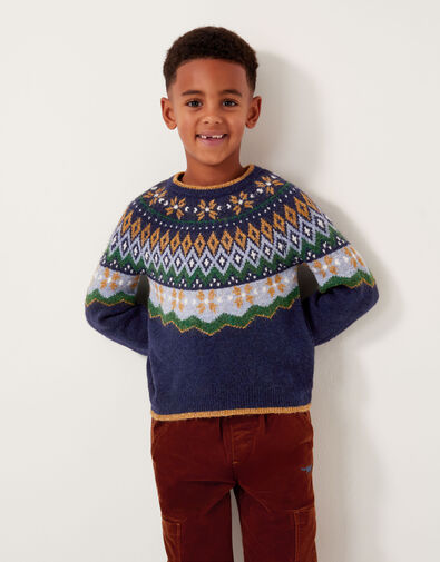 Crew Neck Fair Isle Jumper, Blue (NAVY), large