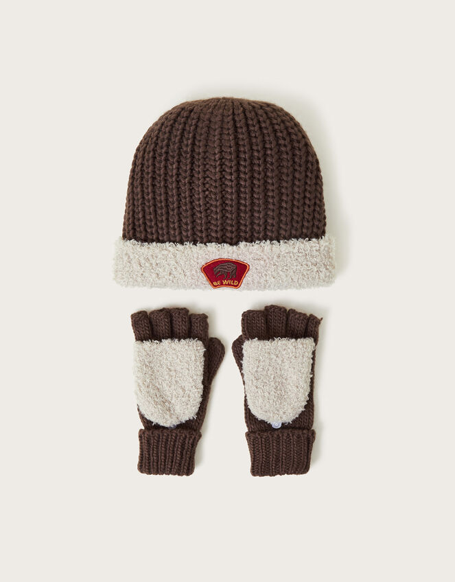 Explorer Knitted Hat & Gloves Set, Brown (BROWN), large