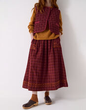 East Karina Check Corduroy Midi Skirt, Orange (RUST), large