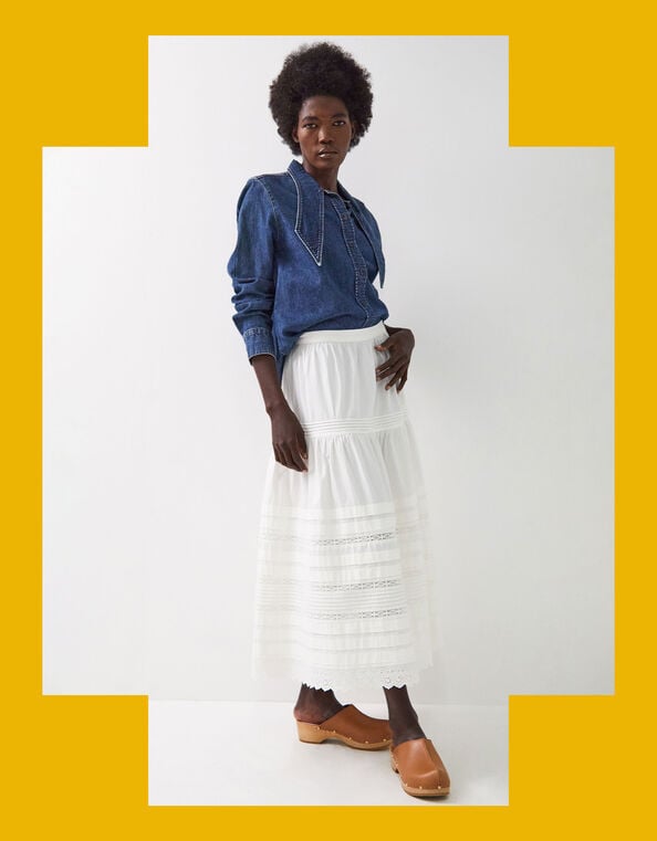 East Betsy Broderie Midi Skirt, Ivory (IVORY), large