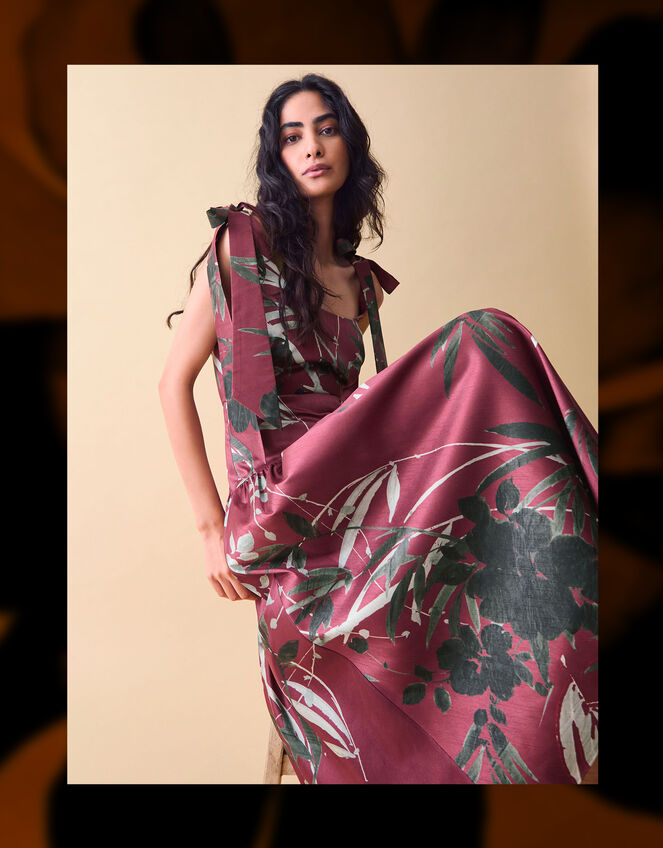 Clemence Lian Floral Drop Waist Midi Dress, Red (BURGUNDY), large