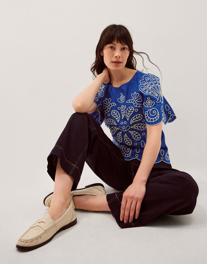 Keira Short Sleeve Embroidered Top, Blue (COBALT), large