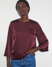 Ingrid Bell Sleeve Satin Top, Red (BURGUNDY), large