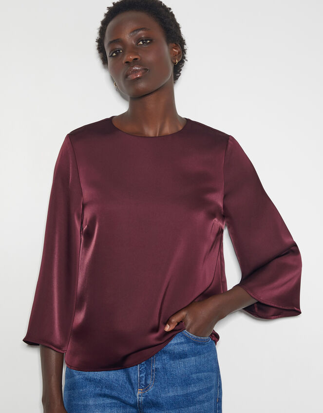 Ingrid Bell Sleeve Satin Top, Red (BURGUNDY), large