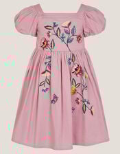 Floral Embroidered Puff Sleeve Dress, Purple (LILAC), large
