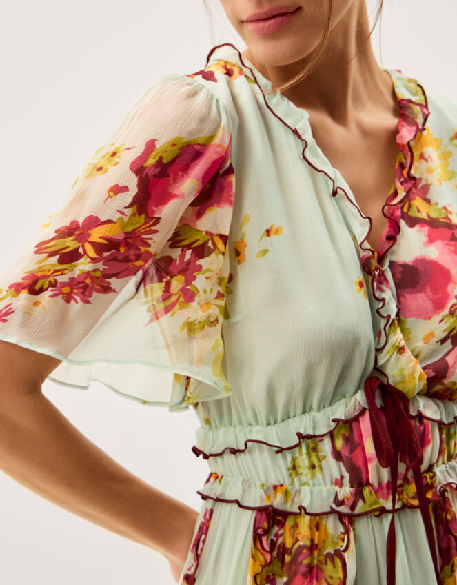Perrie Floral Print Frill Maxi Dress, Green (SAGE), large