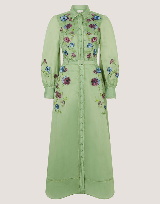 Orla Floral Embroidered Midi Shirt Dress, Green (GREEN), large