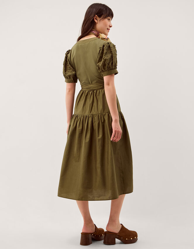 Fawn Appliqu&eacute; Puff Sleeve Midi Dress, Green (KHAKI), large