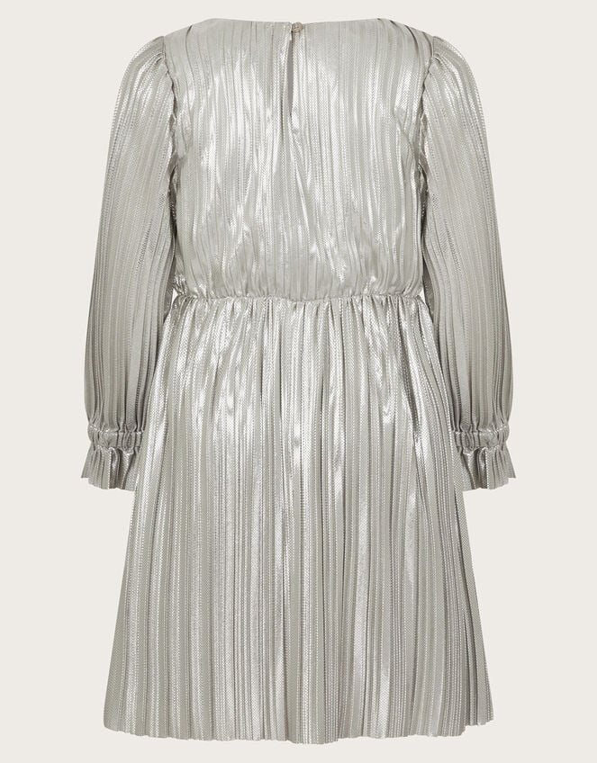 Long Sleeve Metallic Plisse Dress, Silver (SILVER), large