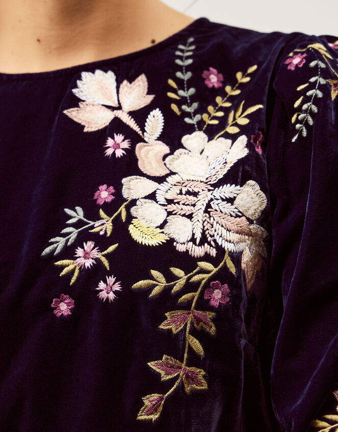 Fallon Floral Embroidered Velvet Mini Dress, Blue (NAVY), large