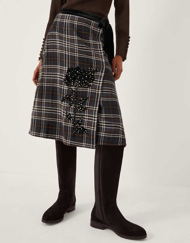 Rue Embellished Tartan Wrap Midi Skirt, Black (BLACK), large
