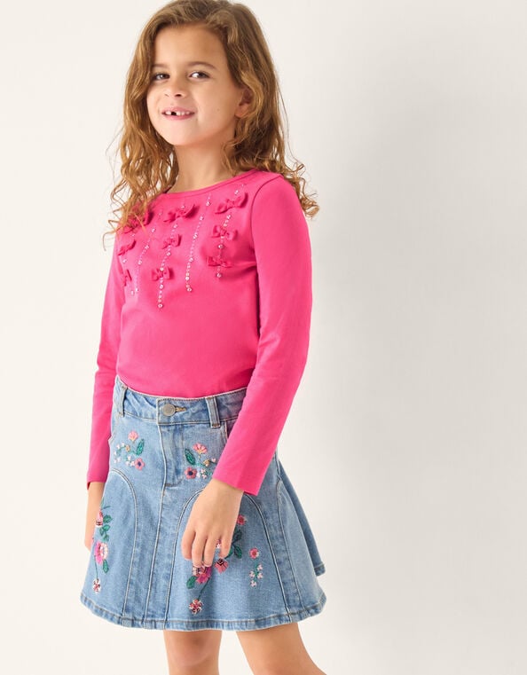 Floral Embroidered Denim Mini Skirt, Blue (BLUE), large