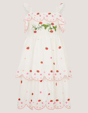 Strawberry Embroidered Tiered Dress, Ivory (IVORY), large