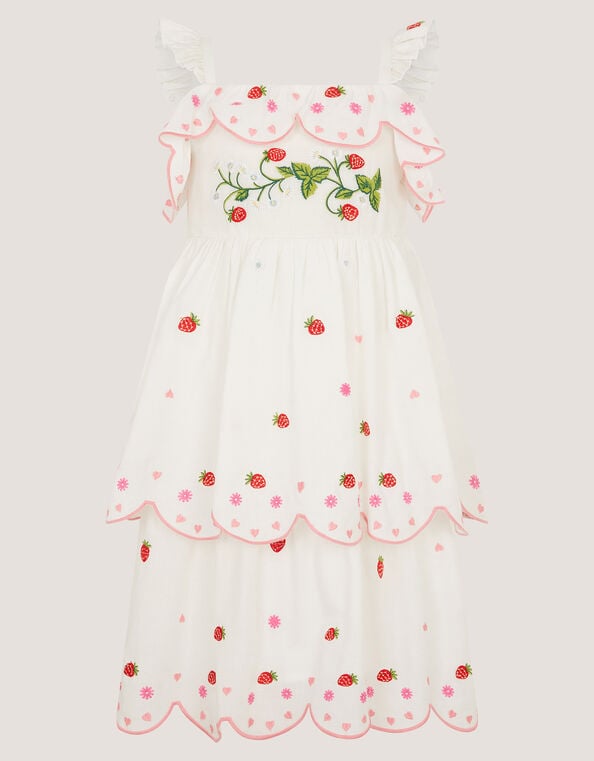 Strawberry Embroidered Tiered Dress, Ivory (IVORY), large