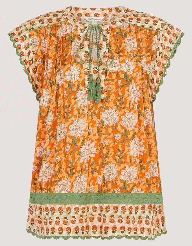 Carris Floral Scallop Trim Top, Orange (ORANGE), large