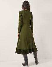 Viv Velvet Trim Long Sleeve Midi Dress, Green (KHAKI), large