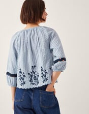 Cara Embroidered Stripe Blouse, Blue (BLUE), large
