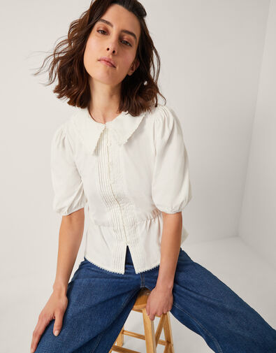 Celia Puff Sleeve Collar Jersey Blouse, Ivory (IVORY), large