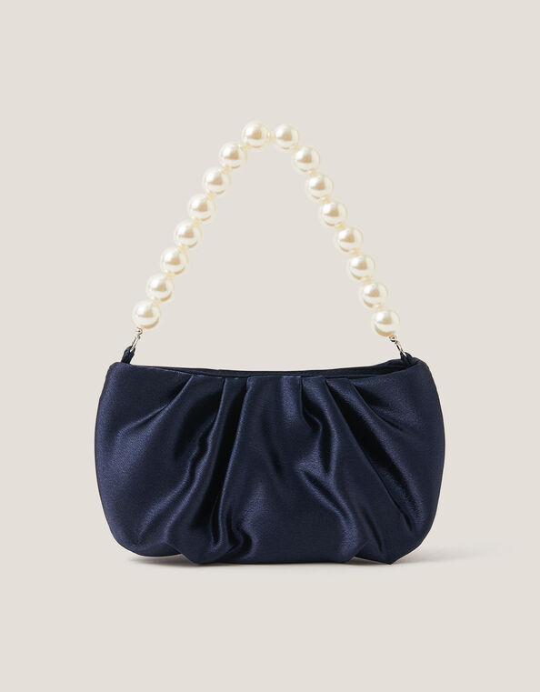 Pearl Strap Satin Party Bag, Blue (NAVY), large