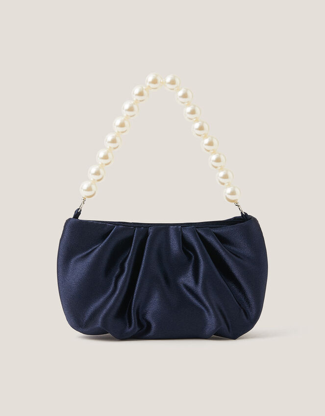 Pearl Strap Satin Party Bag, Blue (NAVY), large