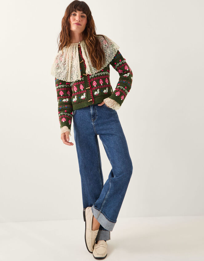 Monsoon x Sarah Corbett-Winder Duck Fair Isle Cardigan, Green (KHAKI), large