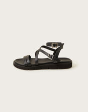 Strappy Flat Leather Sandals, Black (BLACK), large