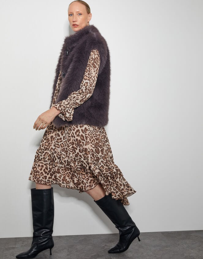 Allegra Pussybow Leopard Print Midi Dress, Brown (BROWN), large
