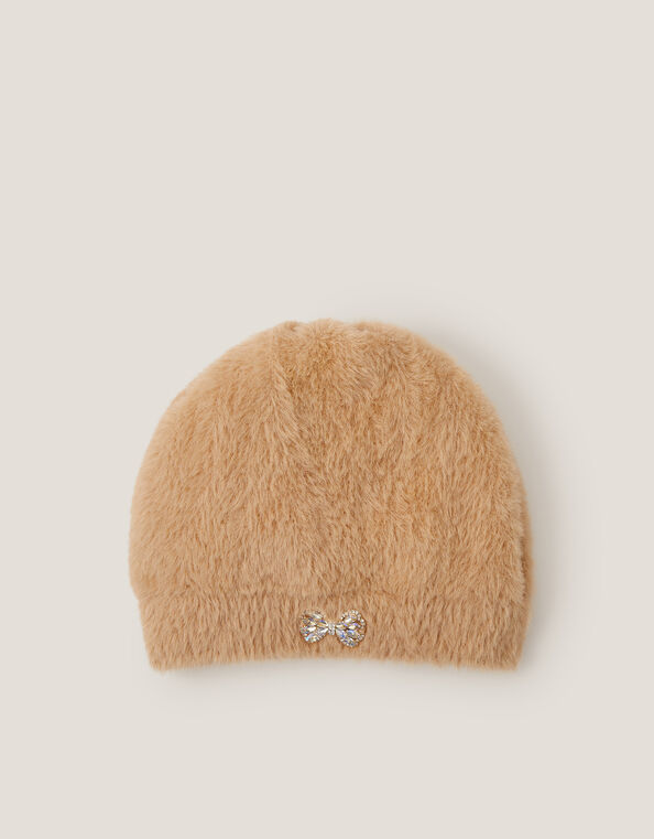 Jewel Bow Fuzzy Beanie Hat, Camel (CAMEL), large