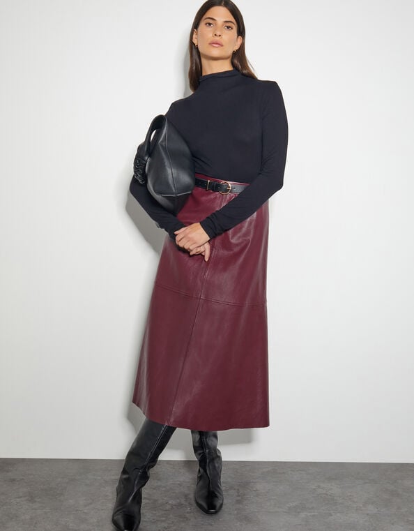 Pippa Faux Leather Midi Skirt, Red (BURGUNDY), large