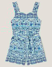 Ornate Floral Print Playsuit, Blue (BLUE), large