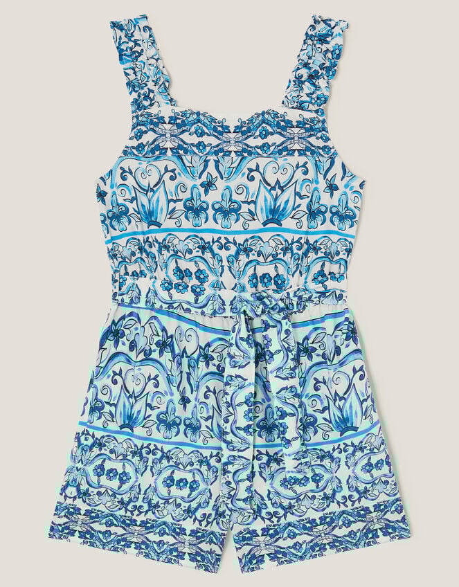 Ornate Floral Print Playsuit, Blue (BLUE), large