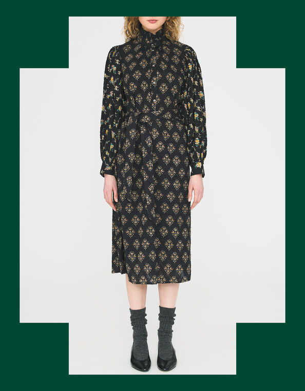 Antik Batik Chino Floral Jacquard Midi Dress, Black (BLACK), large