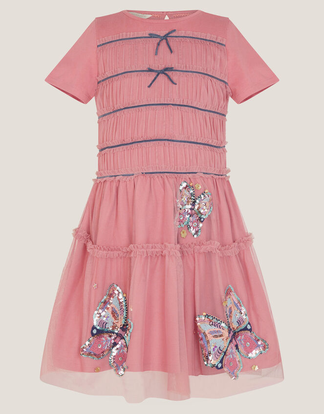 Sequin Butterfly Jersey Mesh Dress, Pink (PINK), large