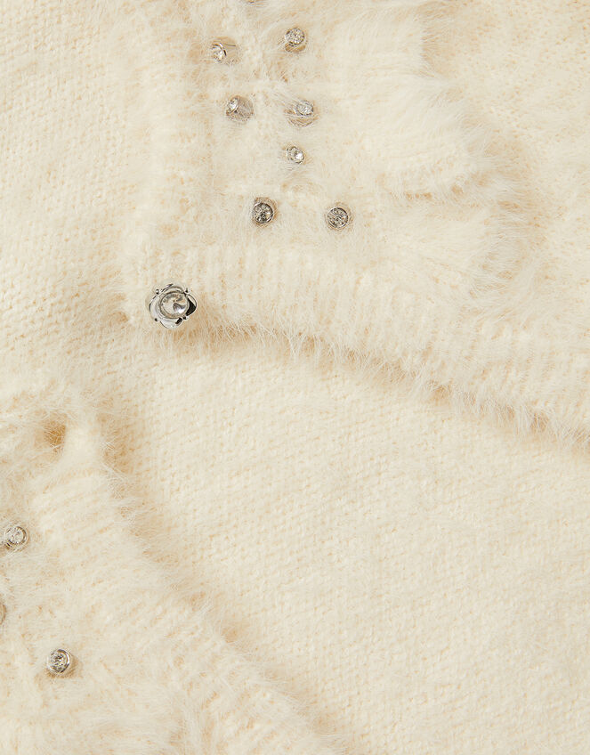 Embellished Collar Fuzzy Cardigan, Ivory (IVORY), large