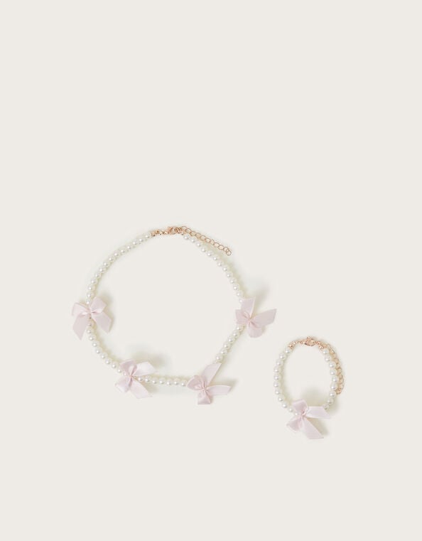 Carly Pearl Bow Necklace and Bracelet Set, , large