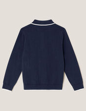 Ribbed Knit Polo Jumper, Blue (NAVY), large