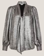 Milena Metallic Tie Neck Blouse, Silver (SILVER), large