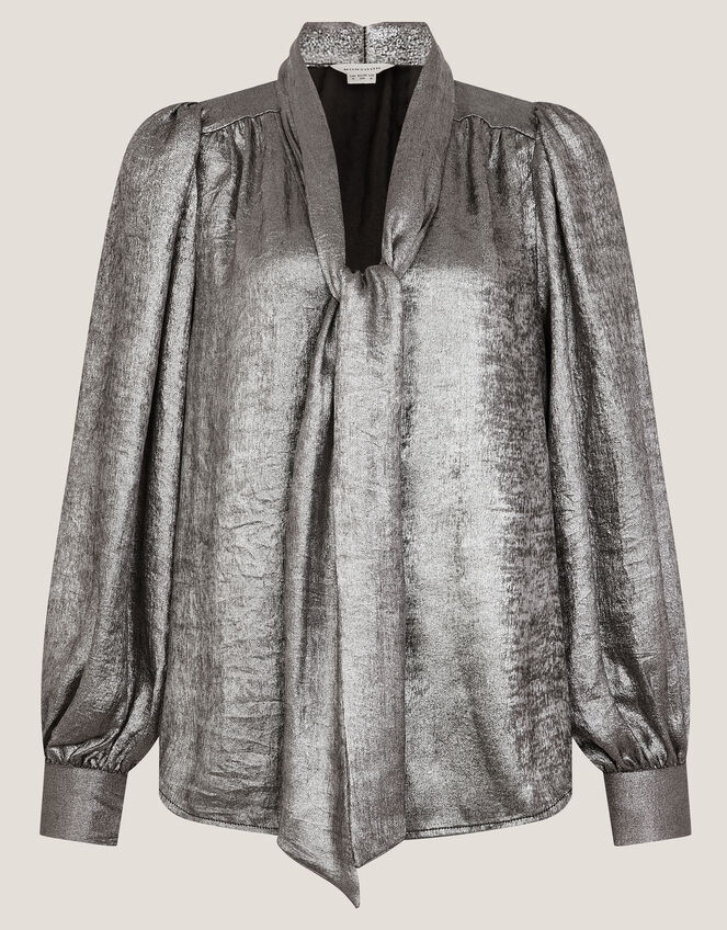Milena Metallic Tie Neck Blouse, Silver (SILVER), large